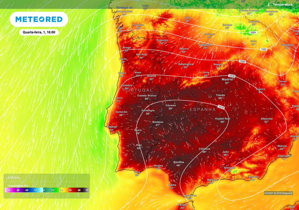 A quarta-feira deverá marcar o início da intensificação do calor, com temperaturas já muito elevadas no interior e uma expansão progressiva da massa de ar quente para grande parte da Península Ibérica.