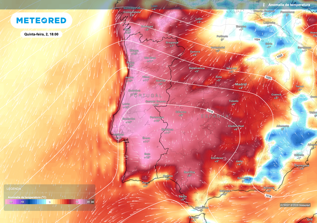 A partir de quinta-feira, as temperaturas deverão situar-se entre 8 e 14 ºC acima da média para a época em grande parte de Portugal continental, refletindo o reforço da cúpula de calor.