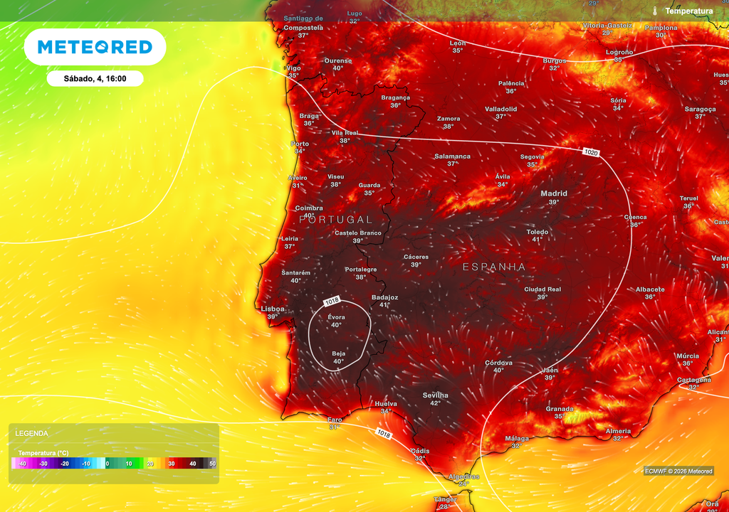 As temperaturas máximas poderão ultrapassar os 40 ºC em vários locais do interior durante o fim de semana, enquanto o litoral continuará relativamente mais fresco devido à influência do Atlântico.