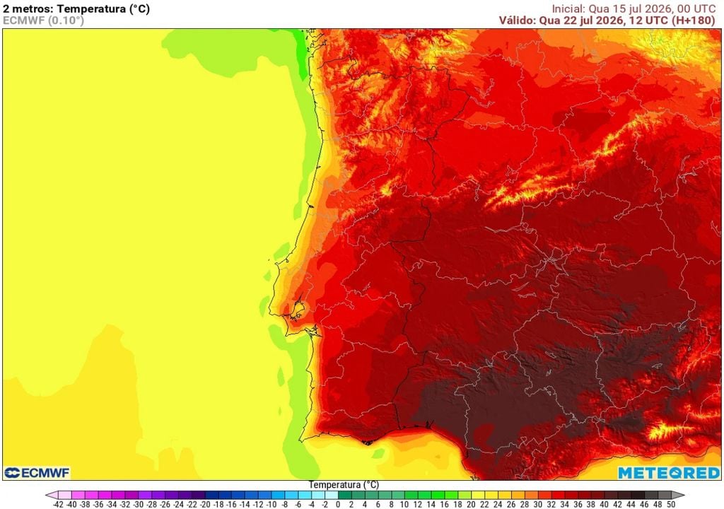 Temperatura prevista às 12 UTC (13h em Portugal continental). O contraste entre o litoral e o interior já deverá ser evidente, antecipando uma tarde de calor intenso, com temperaturas que poderão aproximar-se dos 40 ºC em alguns locais do interior Centro e Sul.