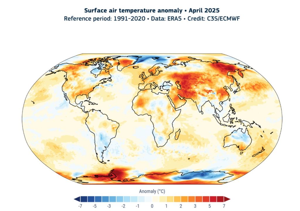 Anomalias globais de temperatura do ar registradas em Abril de 2025 na base de dados ERA5, uma das mais consolidadas do mundo, em relação ao período de 1991-2020. Créditos: ECMWF/C3S. Anomalias globais de temperatura do ar registradas em Abril de 2025 na base de dados ERA5, uma das mais consolidadas do mundo, em relação ao período de 1991-2020. Créditos: ECMWF/C3S.