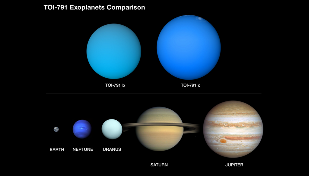 Vergleich der Exoplaneten im TOI-791-System mit Planeten in unserem Sonnensystem. Bild: NASA/Daniel Rutter.