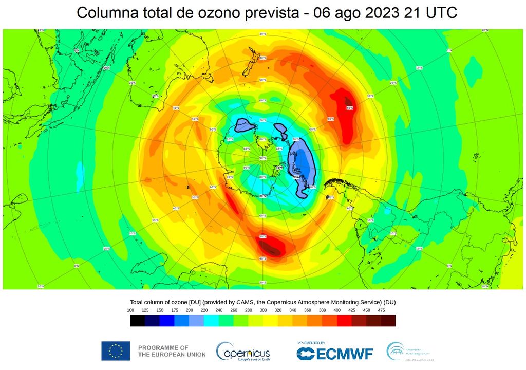 imagen que muestra la extensión y ubicación prevista del agujero de ozono