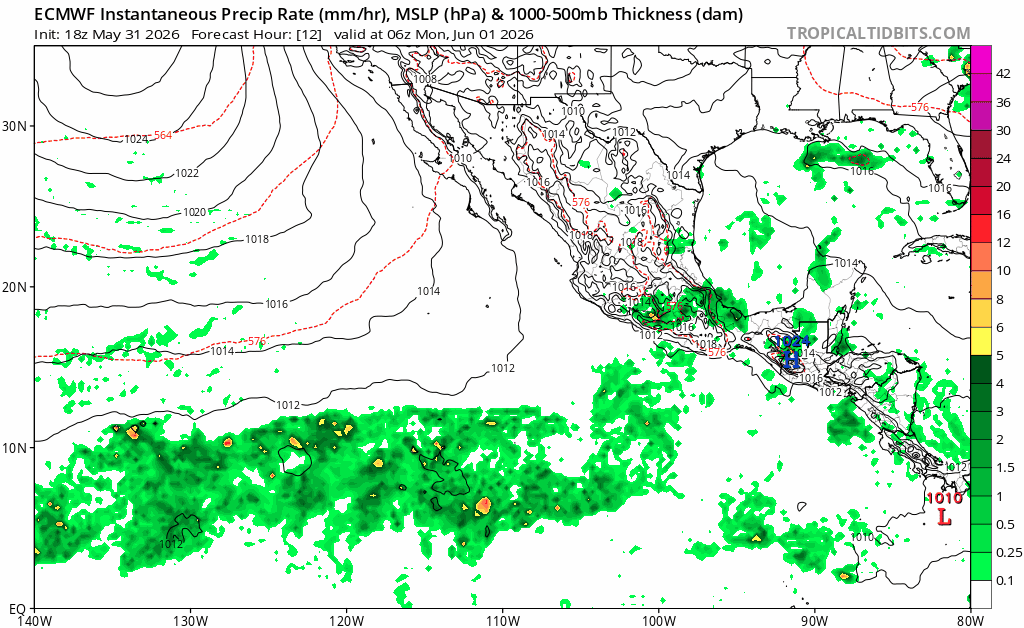 Presión en superficie y precipitaciones previstas, en escala de verdes, para los próximos días en el cuenca del Pacífico Nororiental. Tropicaltidbits