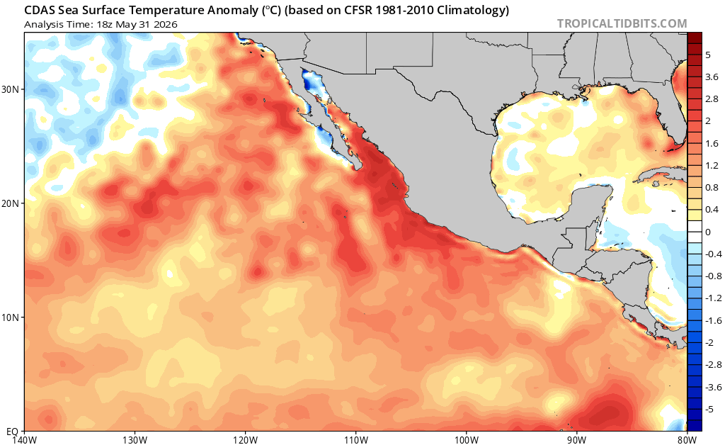 Anomalías semanales de temperatura en la cuenca citada para el 31 de mayo de 2026: cálidas en escala de rojos y frías en escala de azules. Tropicaltidbits