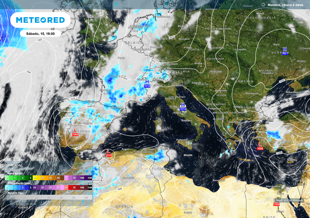 Chuva, pressão atmosférica Apesar do padrão de bloqueio em grande escala, uma depressão isolada sobre a Península Ibérica poderá trazer alguma chuva ao interior Norte e trovoadas mais dispersas.
