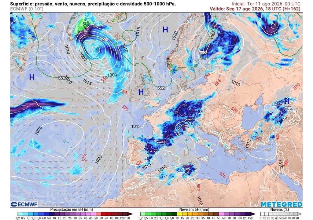 Pressão e chuva A partir de dia 17, as altas pressões poderão ganhar maior expressão no Atlântico Norte, numa configuração compatível com o regime de Crista Atlântica e com maior estabilidade em Portugal.