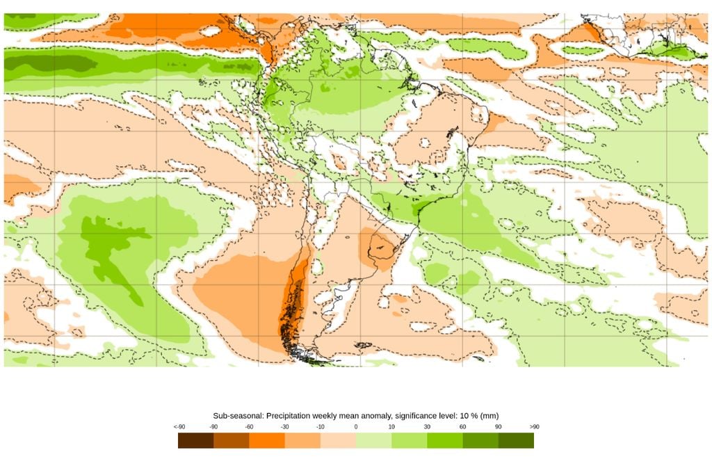 A tendência indica chuva acima da média em áreas do Centro-Oeste no começo de julho, ainda sob influência da umidade organizada nos últimos dias.