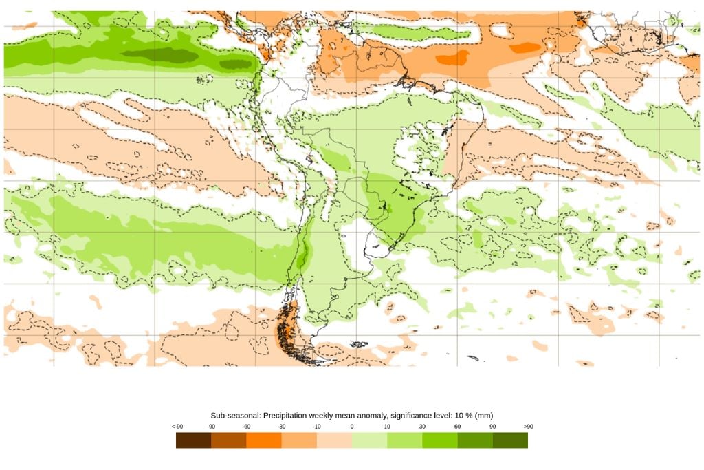 Na segunda quinzena, o sinal de chuva acima da média volta a ganhar destaque no Centro-Oeste, principalmente entre Mato Grosso do Sul, Mato Grosso e Goiás.