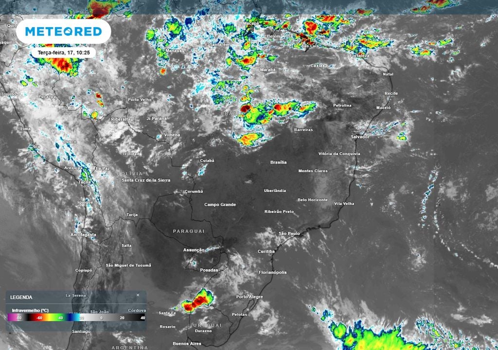 Imagem de satélite (IR) nesta terça-feira de manhã ilustra o clima brasileiro ao longo do carnaval: tempo predominantemente firme e sem nuvens no Brasil central. Mas essa situação irá mudar.