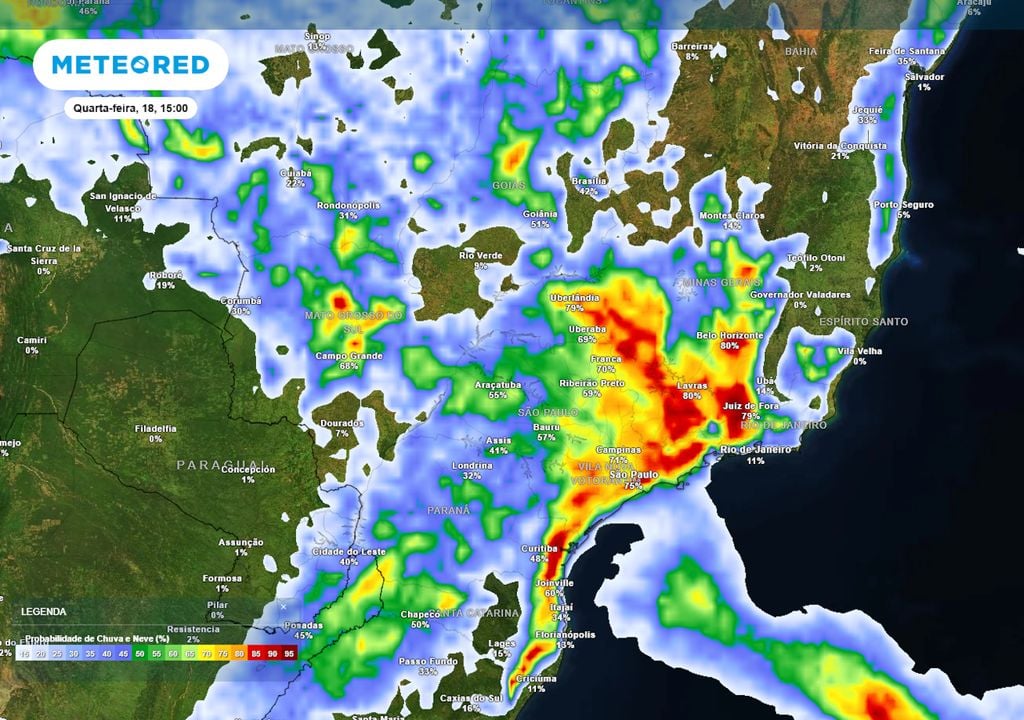 Previsão de probabilidade de chuva na quarta-feira durante a tarde mostra que tempestades podem voltar a se formar em grande parte do Sudeste e do Centro-Oeste nos próximos dias.