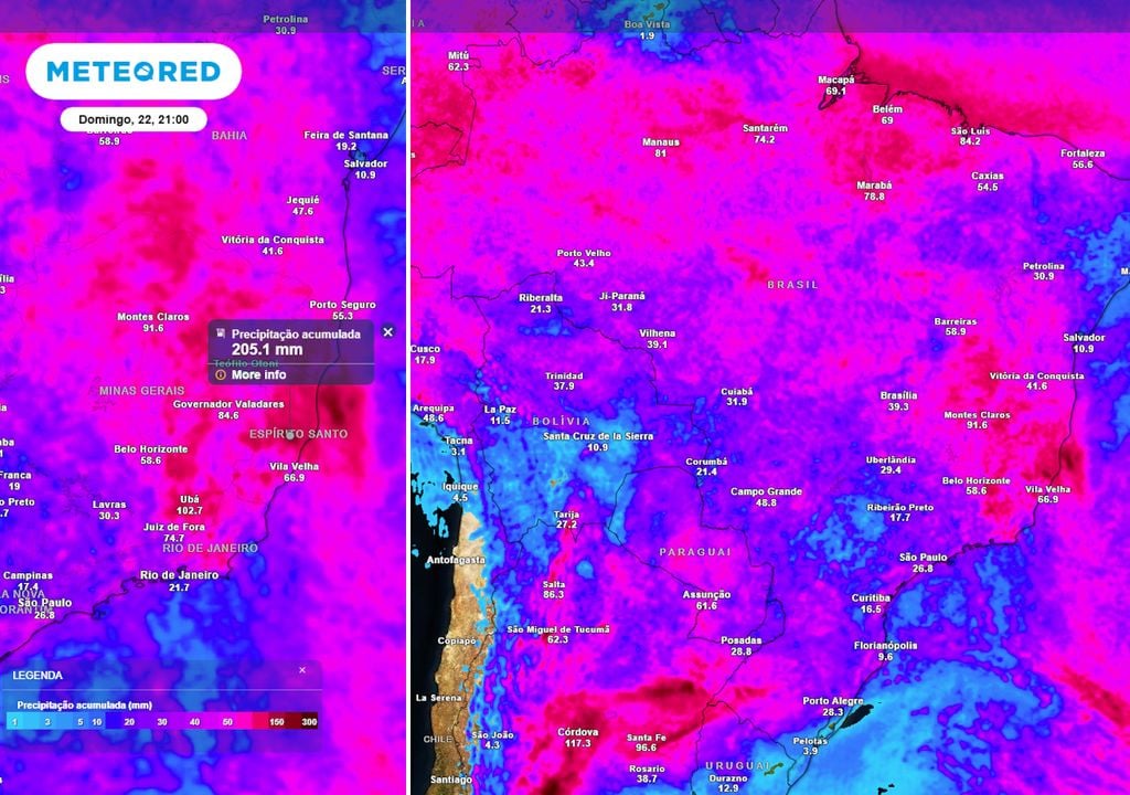 Previsão de acumulados totais até o final do domingo (com destaque para a região Sudeste) mostra que os volumes de chuva podem chegar a até 200 mm entre os estados MG, RJ e ES.