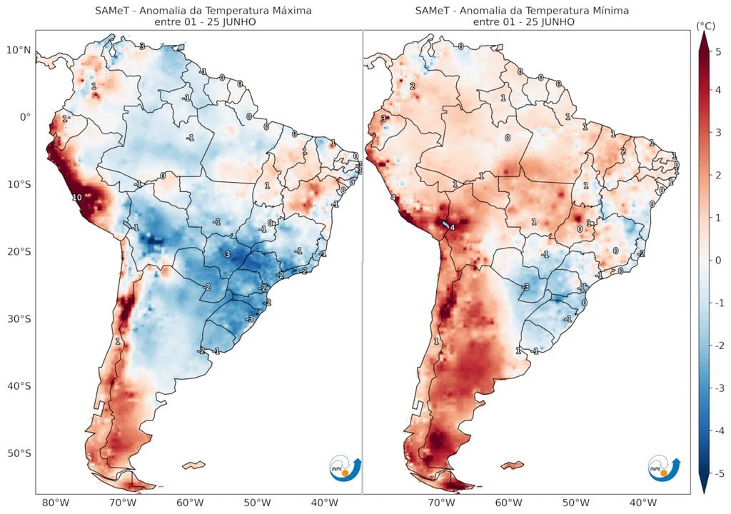 Anomalias de temperatura máxima (esquerda) e mínima (direita) registradas até o momento no mês de Junho mostram que o mês foi muito mais frio do que o normal na maior parte do Brasil.