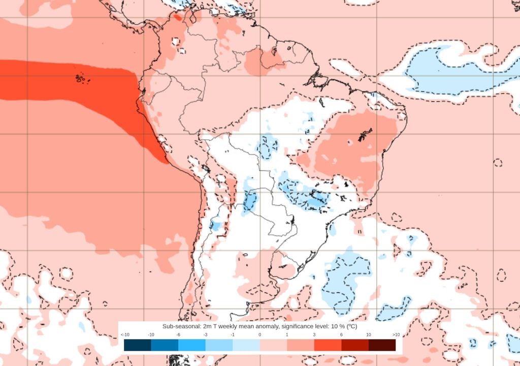 Previsão de anomalias de temperatura entre os dias 27 de Julho e 3 de Agosto mostra que, até o final do mês, a tendência é de que o frio mais intenso do outono desapareça gradualmente.