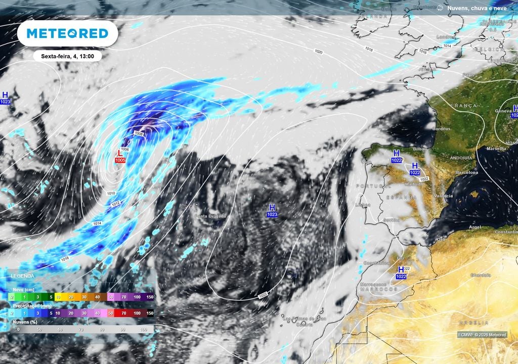 Configuração atmosférica: Pressão e chuva As altas pressões no Atlântico e sobre a Península Ibérica ajudam a desviar as principais depressões e frentes para latitudes mais elevadas. A oeste dos Açores observa-se uma depressão atlântica, sem progressão direta para Portugal continental.