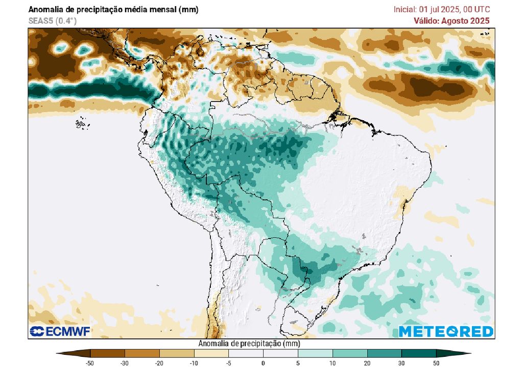 Previsão de anomalia de precipitação média mensal para Agosto de 2025. Previsão de anomalia de precipitação média mensal para Agosto de 2025.