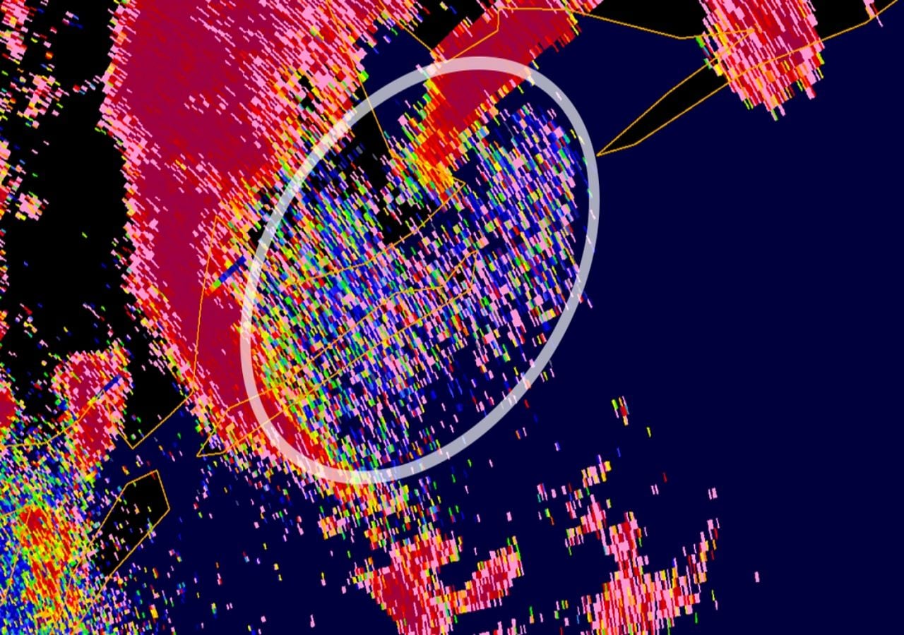 La imagen de radar corresponde a la tormenta tropical Beta después de que tocó tierra cerca de Corpus Christi, Texas, el 22 de septiembre de 2020. El óvalo blanco marca una firma de biodispersión, que indica la presencia de aves.