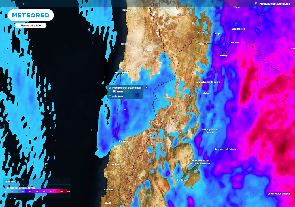 Acumulados de precipitación muestran lluvias concentradas en el norte, con montos puntuales cercanos a 15 y 20 mm, tras el paso de la baja segregada.