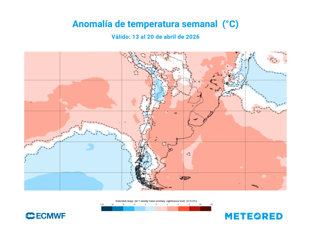 El modelo ECMWF proyecta anomalías cálidas predominantes entre el 13 y 20 de abril, especialmente en la zona central y sur. Solo sectores del extremo sur y áreas puntuales del interior registrarían valores bajo el promedio.