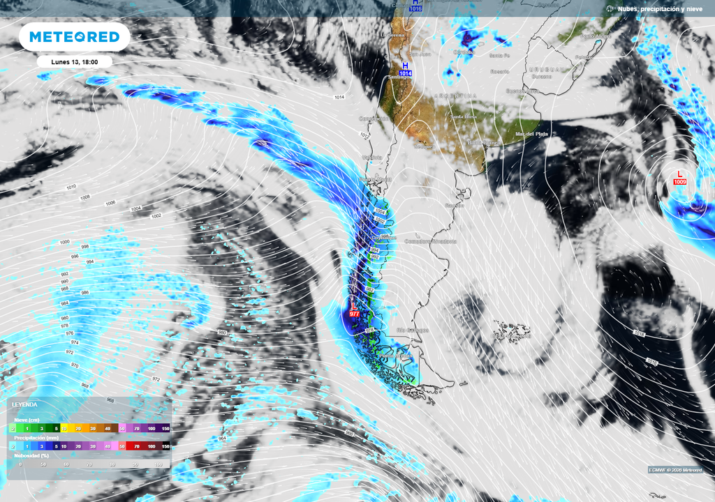 Intenso sistema frontal impacta el sur de Chile la tarde del lunes, con río atmosférico, lluvias abundantes, viento fuerte y un centro de baja presión bien definido pasando por la Patagonia.