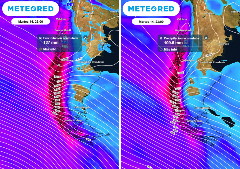 Hasta el martes (14), los acumulados de lluvia podrían superar los 100 mm en la Patagonia, según proyectan los modelos ECMWF y GFS.