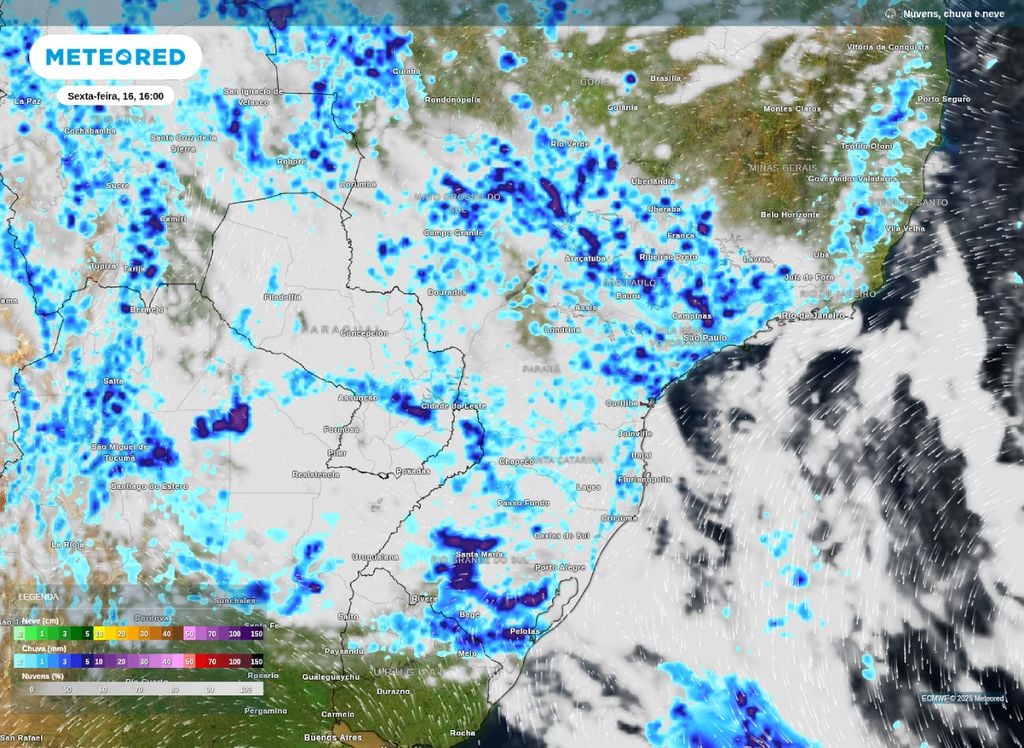 Chuva prevista para a tarde de sexta-feira (16). Chuva prevista para a tarde de sexta-feira (16) de acordo com o modelo ECMWF.