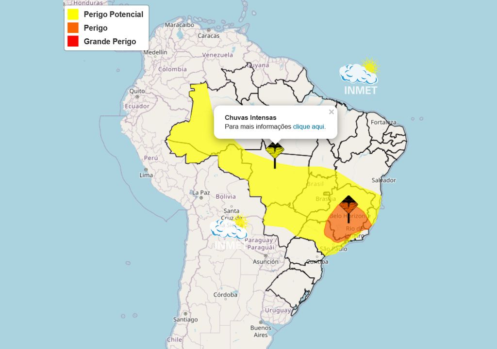 Mapa de alertas emitidos pelo Instituto Nacional de Meteorologia (INMET) nesta quarta-feira. Mapa de alertas emitidos pelo Instituto Nacional de Meteorologia (INMET) nesta quarta-feira.