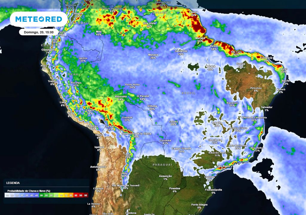 Previsão de probabilidade de chuva no próximo domingo durante a tarde. Previsão de probabilidade de chuva no próximo domingo durante a tarde.