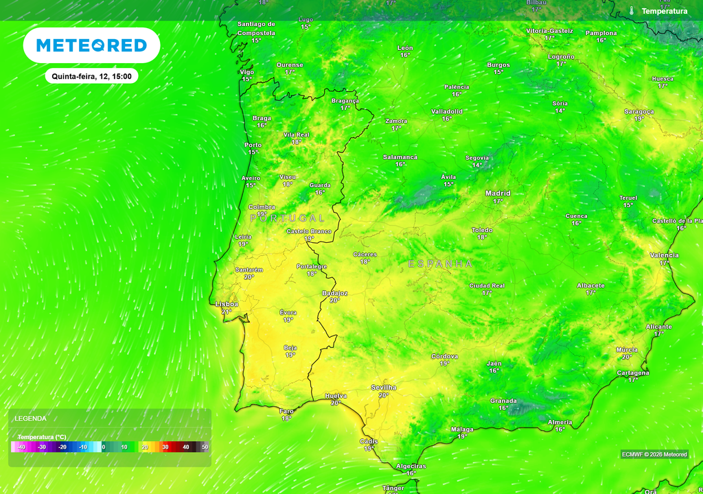 As temperaturas máximas desta quinta-feira apresentam valores relativamente amenos para a época. O Alentejo poderá registar valores próximos dos 22 ºC, enquanto algumas zonas do interior Norte, como o Douro, poderão aproximar-se dos 20 ºC.