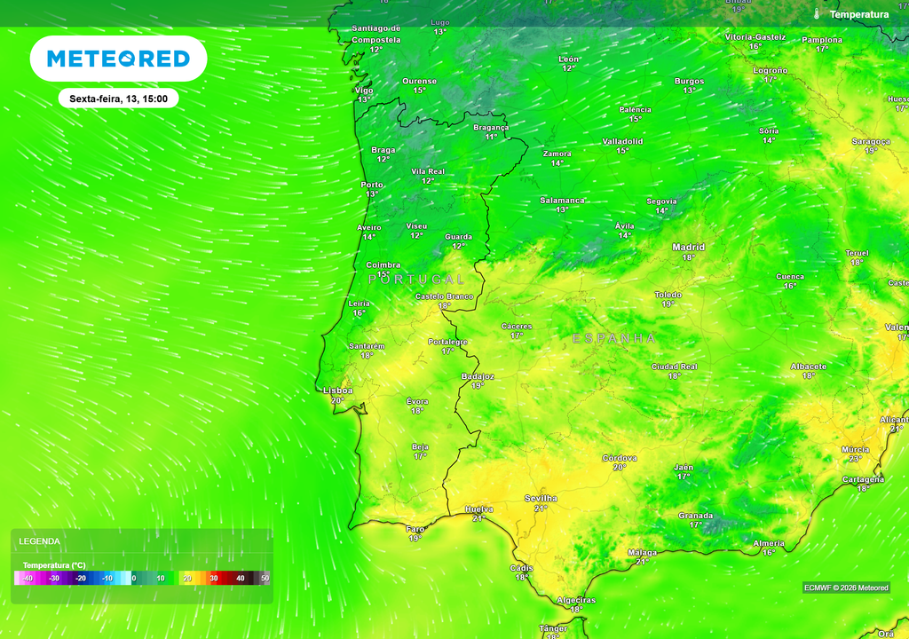 Temperaturas máximas previstas para sexta-feira, 14 de março. Comparando com quinta-feira (12), as máximas descem sobretudo no Norte, com valores entre 11 e 13 ºC em várias regiões do Alto Minho, Douro e Trás-os-Montes. No Sul, a descida será menos significativa.