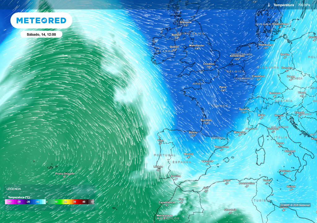 Temperatura em altitude e circulação atmosférica prevista para sábado. No sábado, o ar polar estende-se a praticamente toda a Península Ibérica devido à persistência da ondulação do jato polar, provocando uma descida térmica mais generalizada em Portugal.
