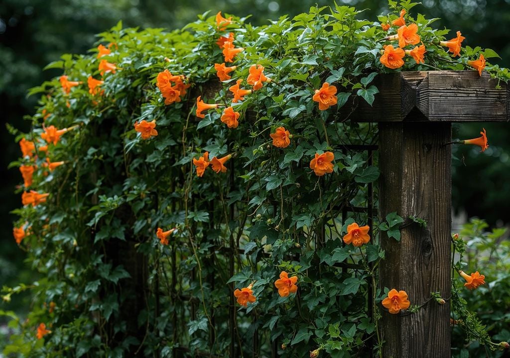 enredadera Además de su espectacular floración anaranjada, la bignonia atrae abejas, mariposas y aves nectarívoras, contribuyendo a incrementar la biodiversidad y la actividad de polinizadores en el jardín.