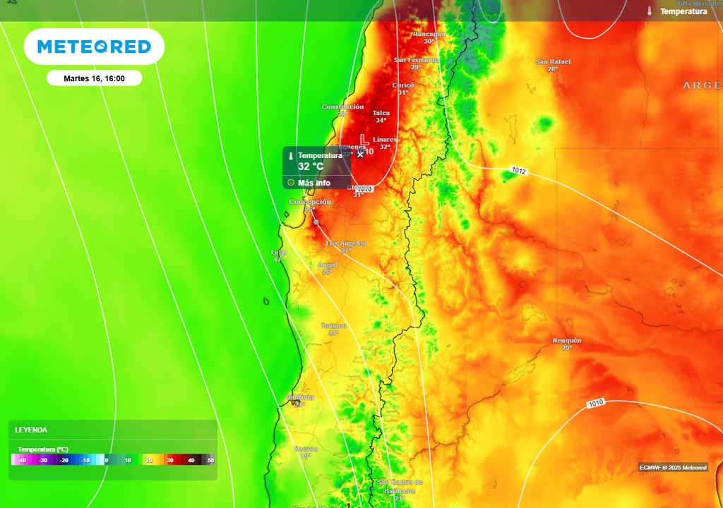 Martes con calor en Chile centro sur, Meteored