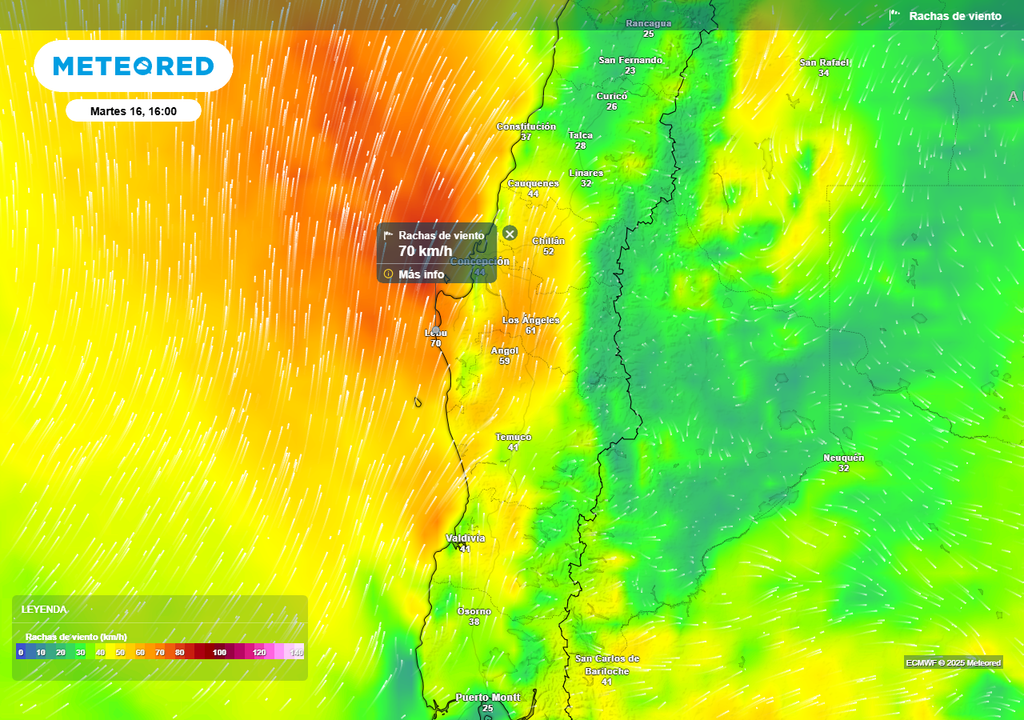 Martes con rachas de viento de 70 km/h en Chile centro sur, Meteored