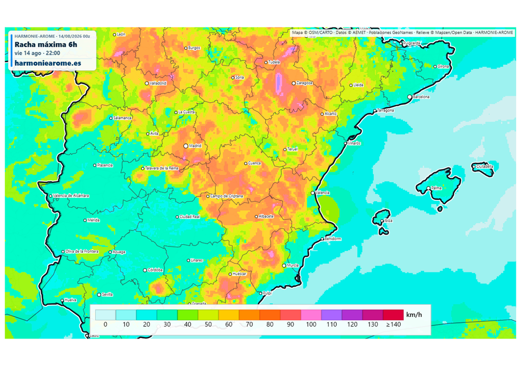 El modelo Harmonie advierte de rachas de viento muy intensas que acompañará a las tormentas de esta tarde. Fuente: Harmoniearome.es
