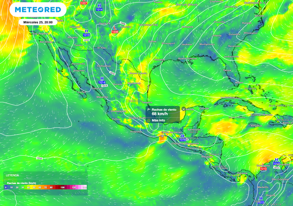 Se esperan rachas de vientos de hasta 70 km/h sobre gran parte del Istmo y Golfo de Tehuantepec, y rachas de 50 a 60 km/h en el Noreste.