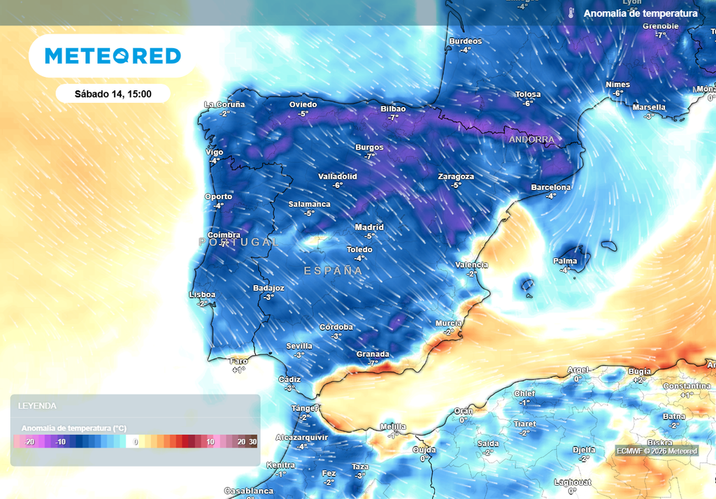 El aire polar dejará valores anormalmente bajos para las fechas mañana en casi toda la Península, con la excepción del litoral sureste.