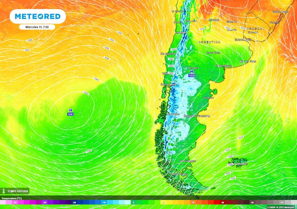 Mapa de temperaturas, viento y presión previstas