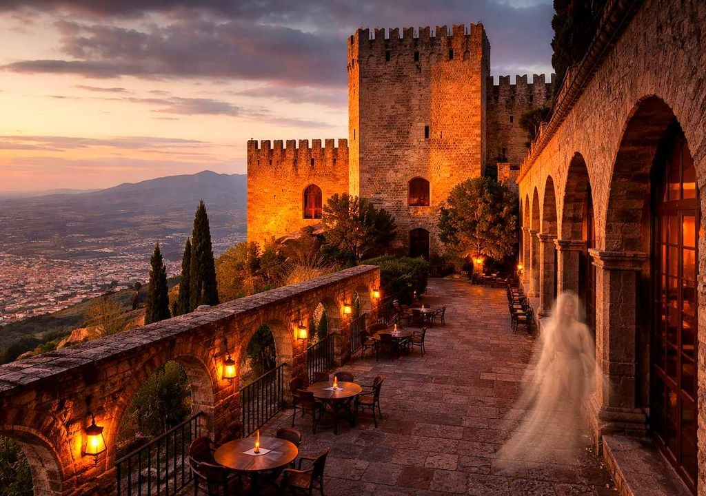 Parador de Jaén en el Castillo de Santa Catalina, donde Jasmina y el Terrible Lagarto sorprenden a los huéspedes. Experiencias paranormales y leyendas centenarias hacen única la estancia en este histórico hotel andaluz. Imagen realizada con IA.