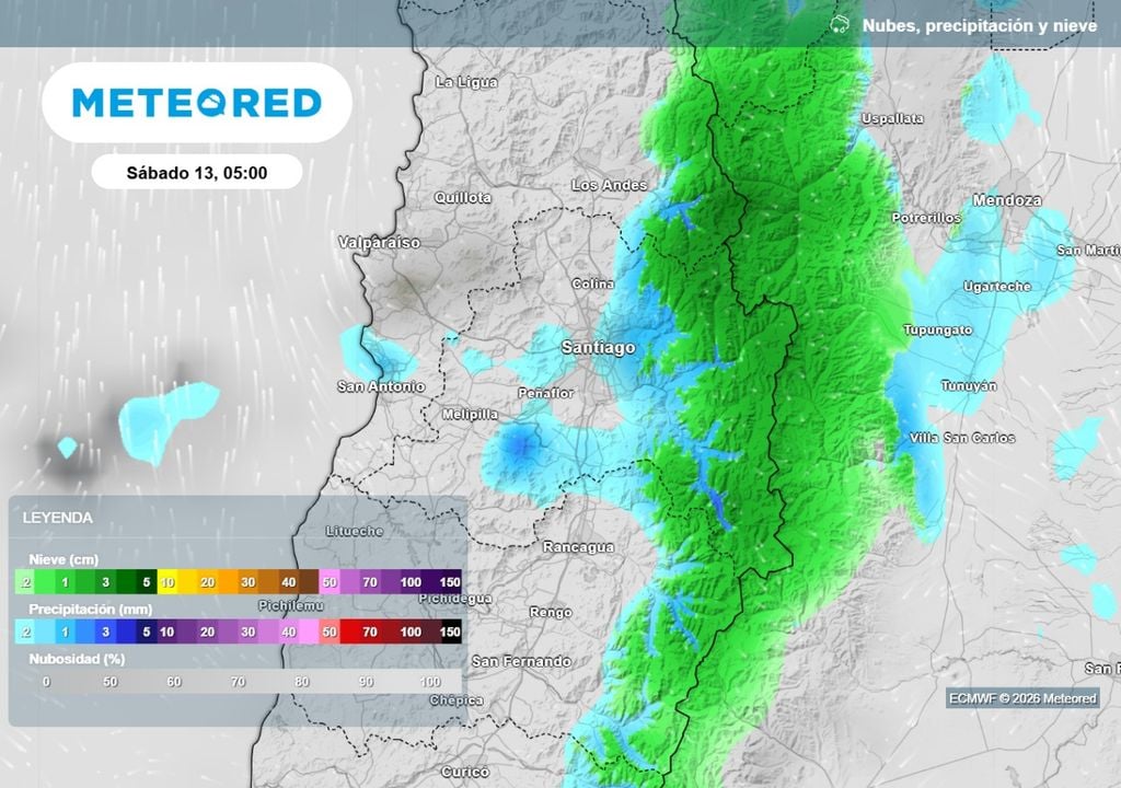 LLuvias y nieve La cordillera recibirá más nieve este fin de semana en la RM, mientras los chubascos en el valle serían débiles y aislados.