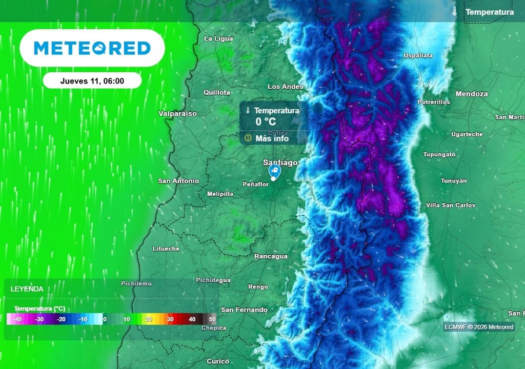 Temperaturas Heladas matinales: modelos continúan mostrando bajas temperaturas mínimas el jueves tras el paso del sistema frontal por Santiago.