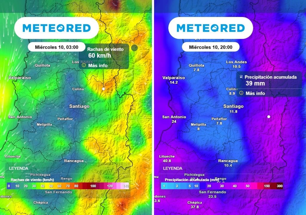 Rachas de viento y acumulados de lluvias En la madrugada del miércoles se incrementa el viento en la cordillera y llegan las lluvias a Santiago.