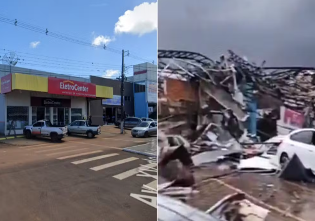 Antes de depois da cidade Rio Bonito do Iguaçu, após supercélula formar tornado raro e provocar colapso em infraestrutura local.