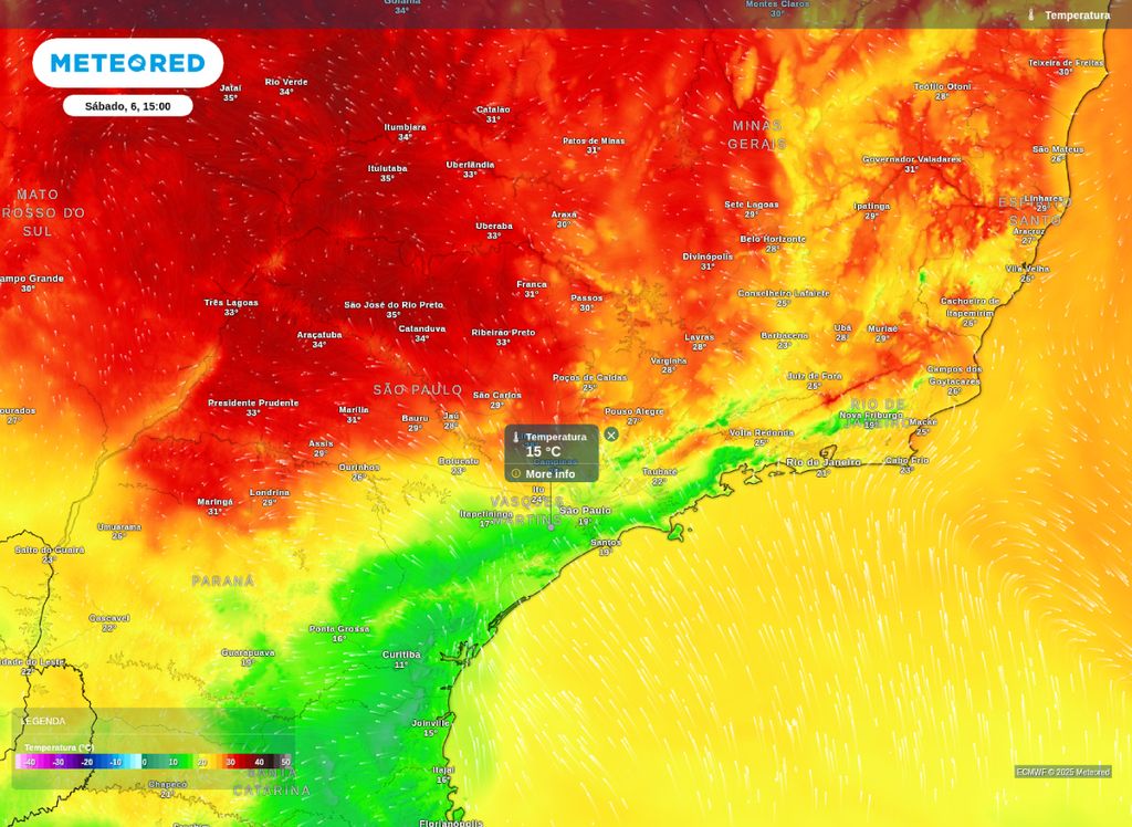 Mapa de temperatura prevista para a tarde de sábado (6), segundo o modelo ECMWF. Mapa de temperatura prevista para a tarde de sábado (6), segundo o modelo ECMWF.