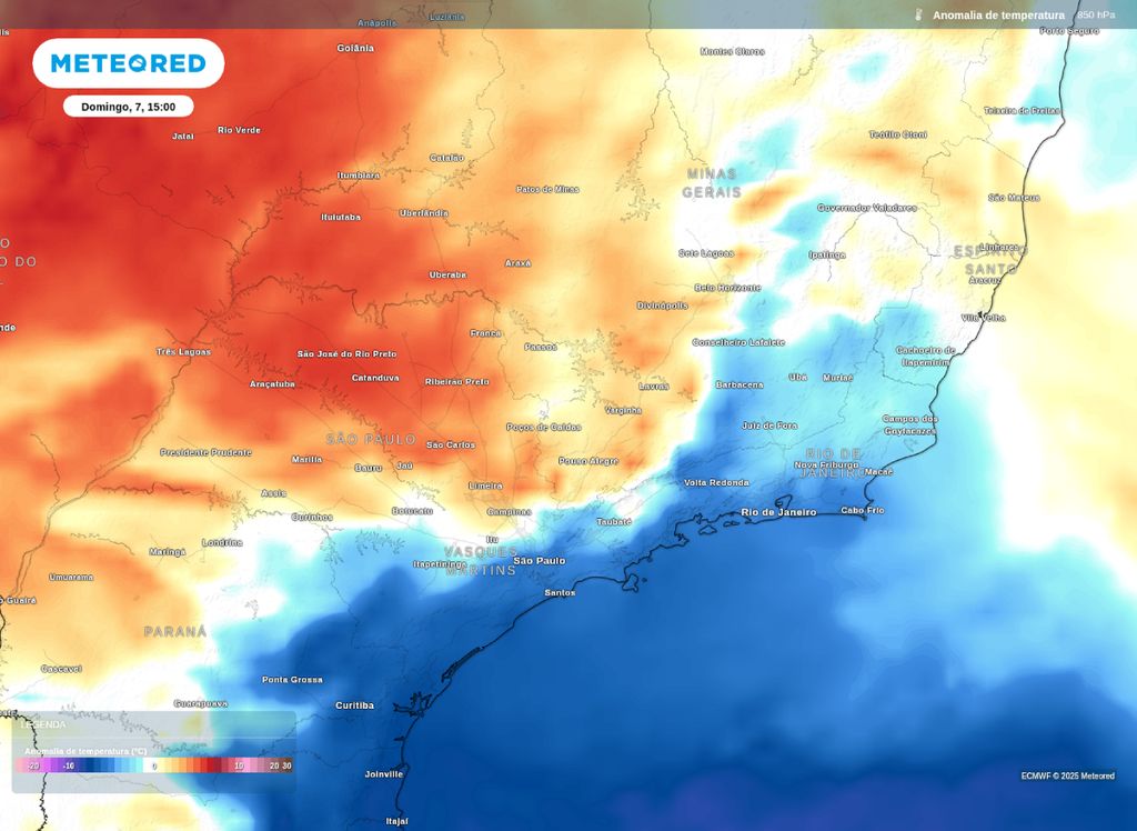 Mapa de anomalia de temperatura em 850 hPa, segundo o modelo ECMWF. Mapa de anomalia de temperatura em 850 hPa, segundo o modelo ECMWF.