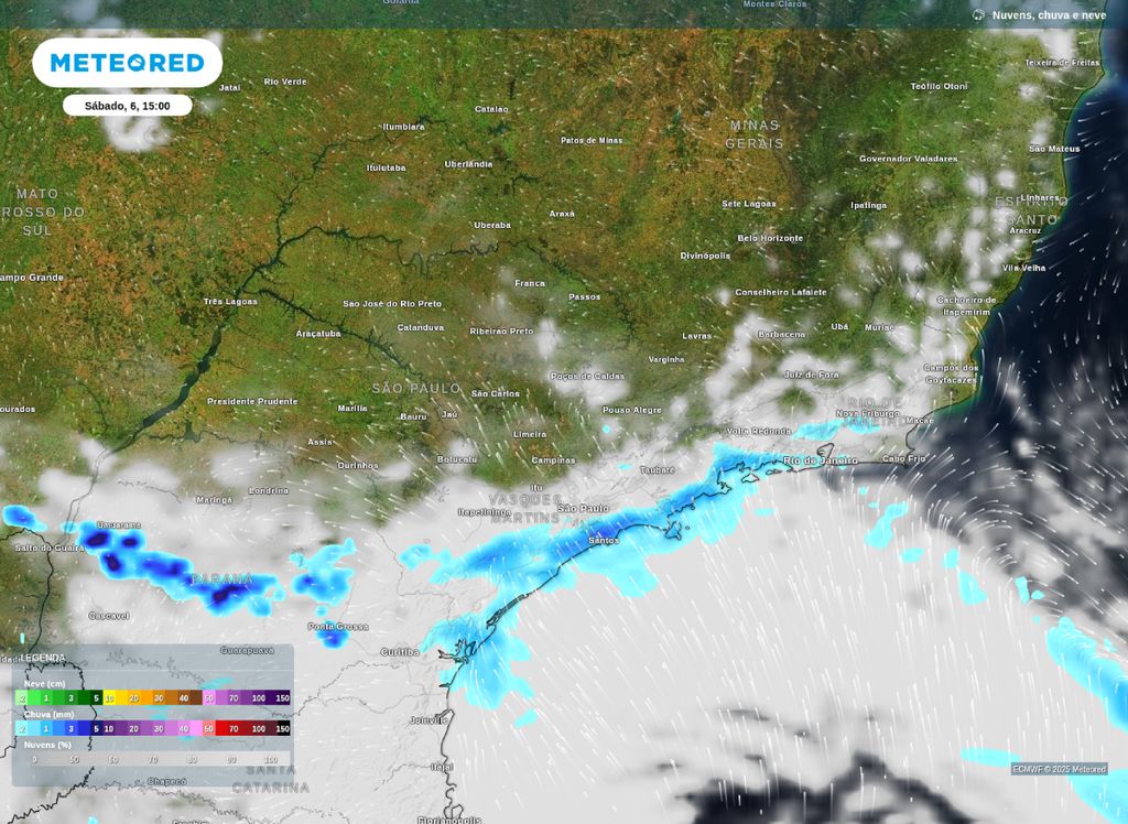 Precipitação prevista para o litoral do Sudeste na tarde de sábado (6). Precipitação prevista para o litoral do Sudeste na tarde de sábado (6).