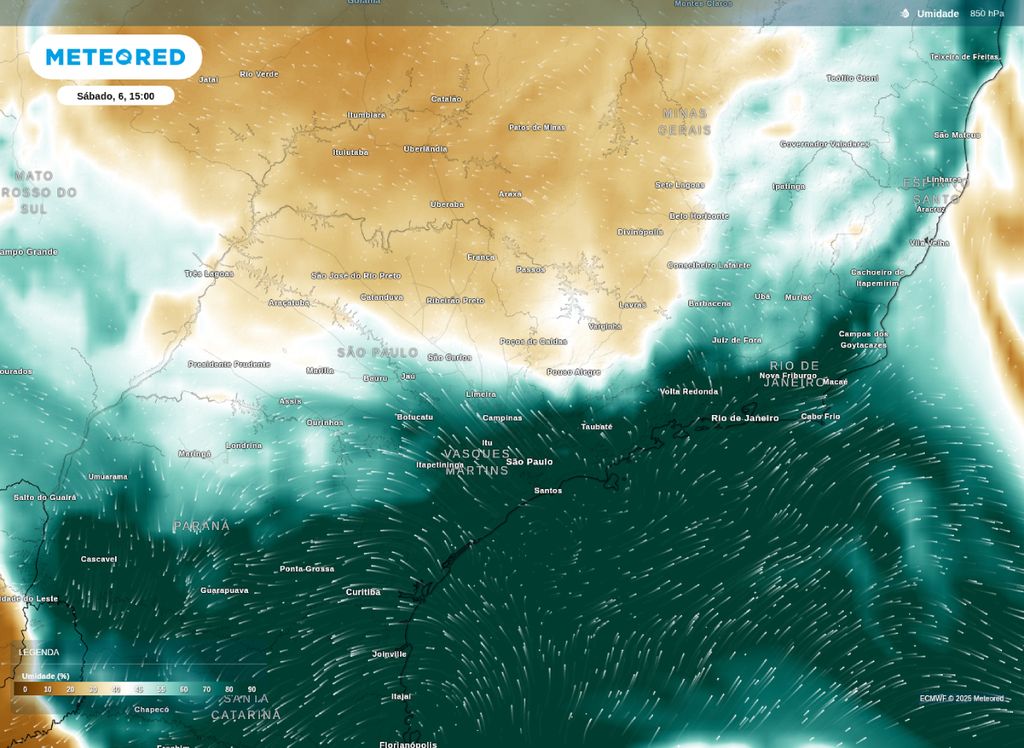 Umidade do ar em 850 hPa prevista para o Sudeste do Brasil. Umidade do ar em 850 hPa prevista para o Sudeste do Brasil.