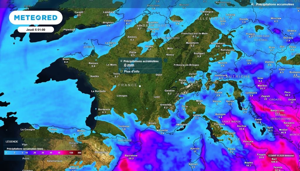 Surprenante carte pour les 6 prochains jours en France : une vaste zone du pays ne va recevoir aucune goutte de pluie !