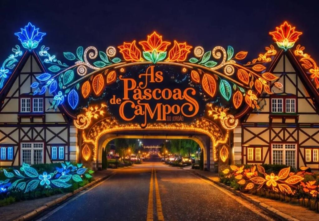 Portal da cidade de Campos do Jordão todo decorado tematicamente para a Páscoa deste ano. Crédito: Divulgação.