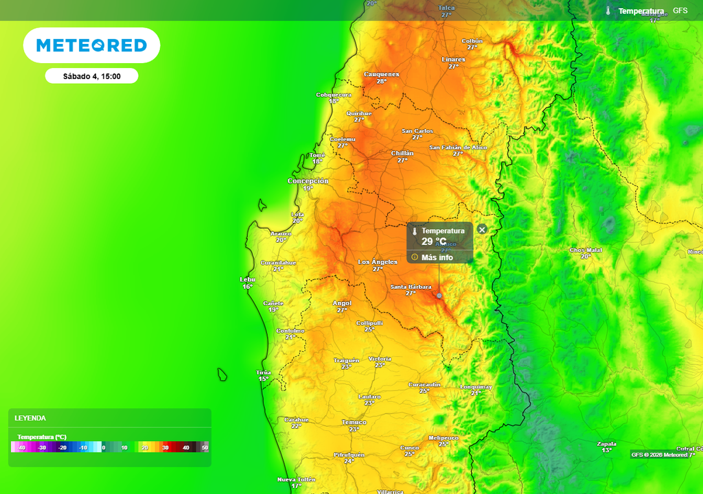Temperatura máxima (°C) para el Sábado Santo en Chile centro-sur.